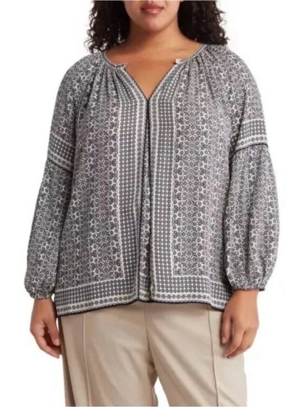 Max Studio Women's Gray Patterned Peasant Blouse Sz 1X